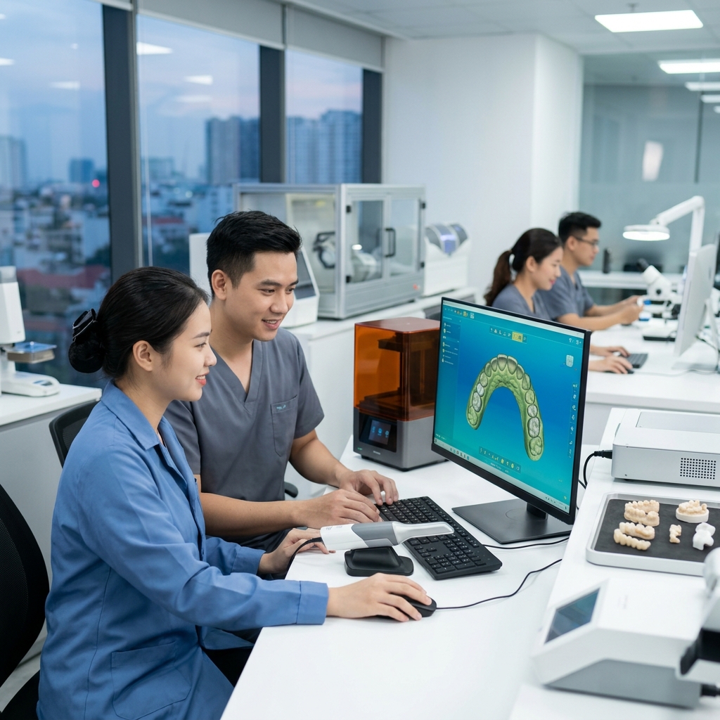 digital dental lab partner - Dental lab technician working on a CAD software interface with a 3D model of a crown.