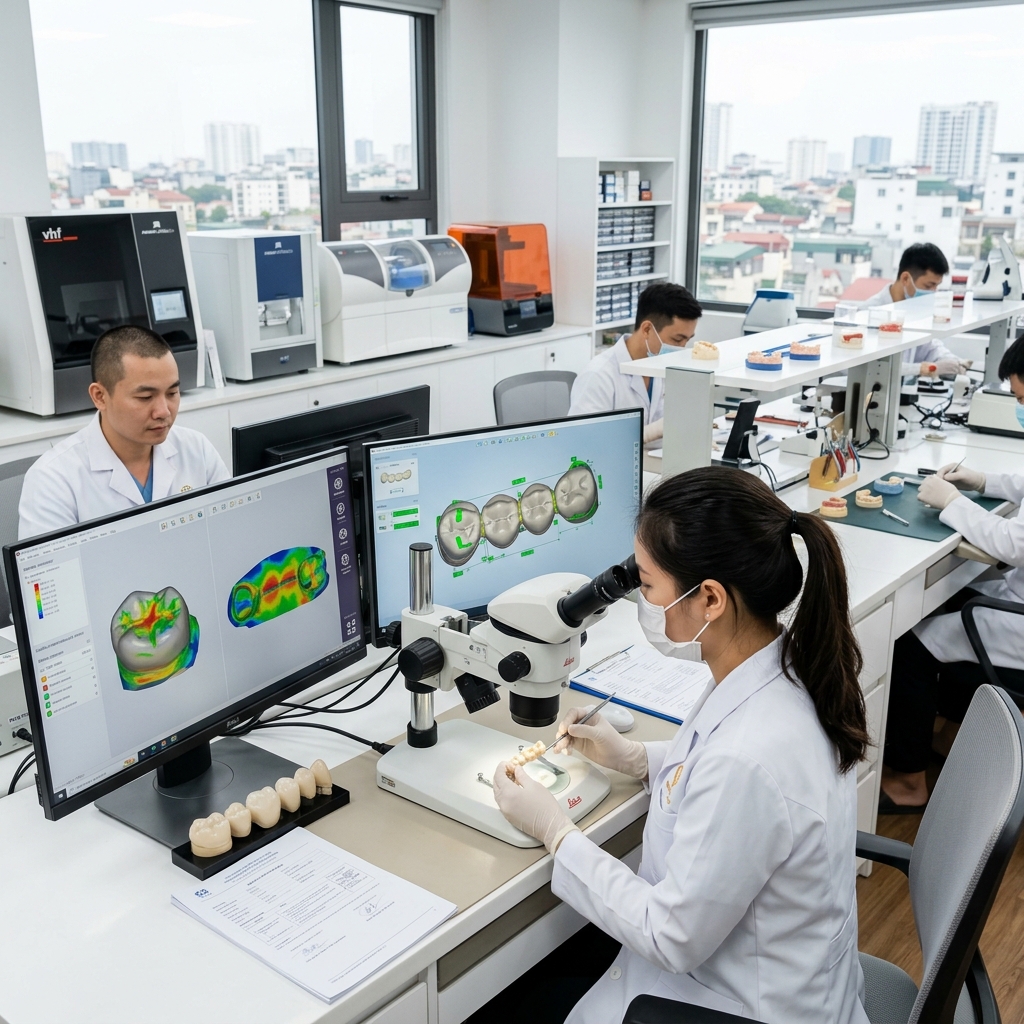 dental lab quality control workflow - Dental lab technician reviewing a digital design on a CAD software interface