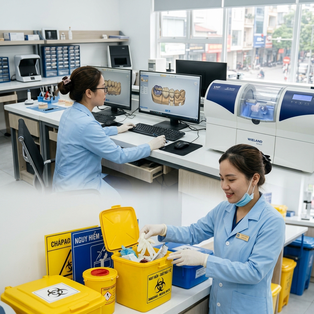 medical waste disposal service - Digital dental designs being created on a computer screen in a modern lab setting