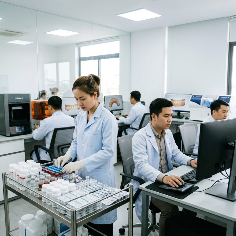 clinical lab reagents wholesale - Dental lab technician working on a digital design using CAD software