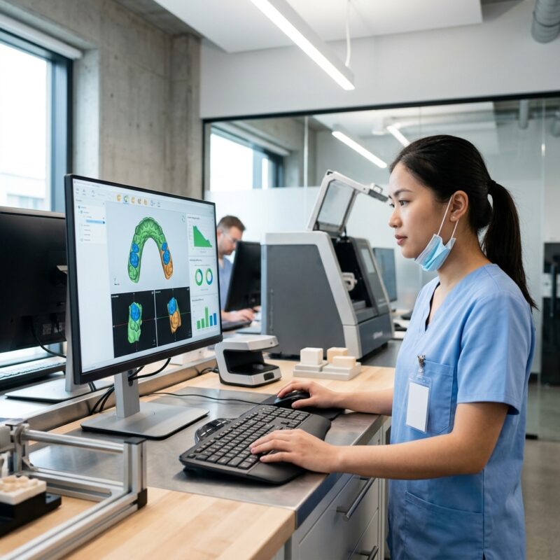 vital signs monitor price - Dental technician working on a digital design for a dental crown on a computer