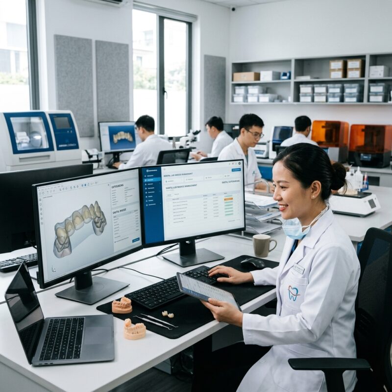 dental lab invoice management - Dental lab technician working on a digital design on a computer screen