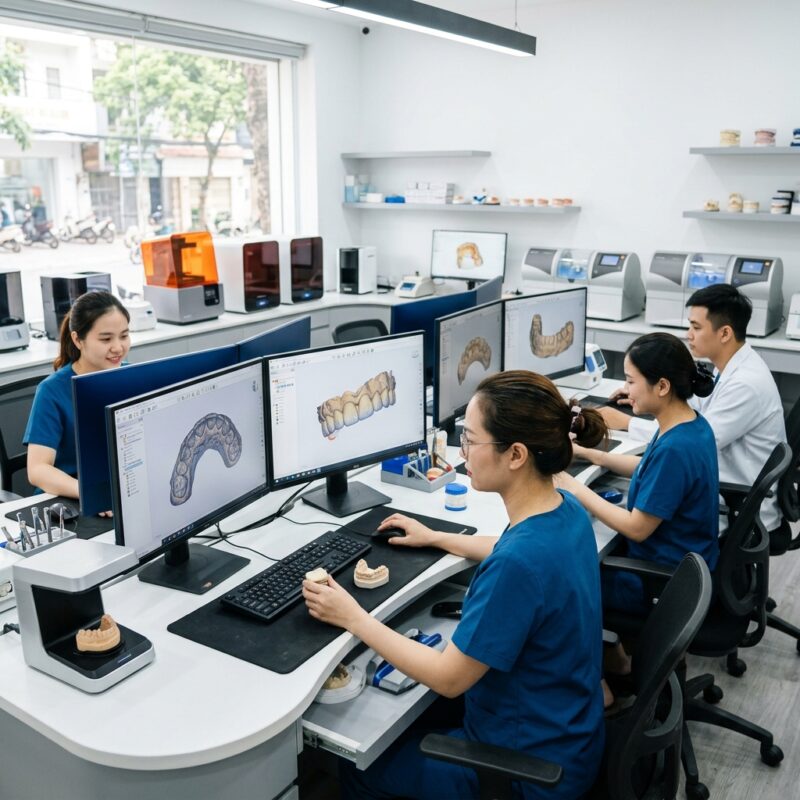 reduce patient wait time clinic - Dental lab technician working on a digital CAD/CAM design of a dental crown on a computer screen