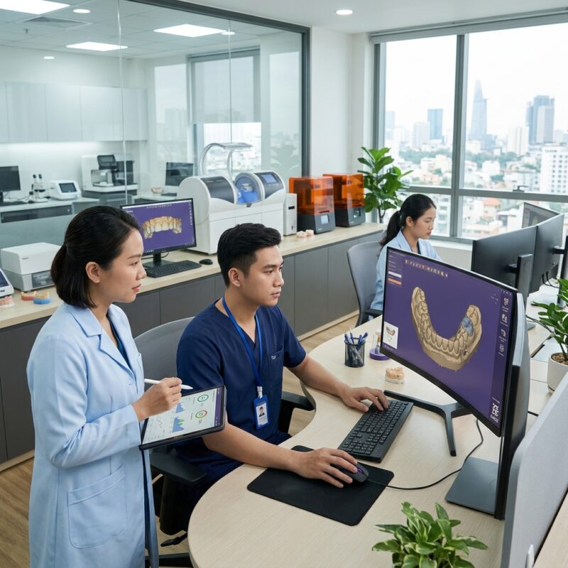 multi location dental practice software - Dental technician working on a digital dental design on a computer screen