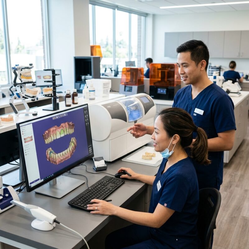 dental lab price list for dentists - Dental technician meticulously designing a crown on advanced CAD software