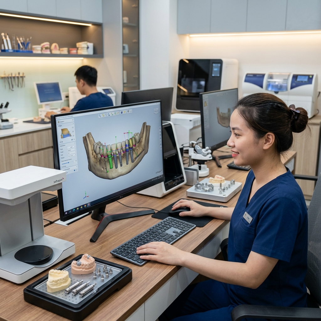 dental implant design outsourcing - Dental technician using CAD software to design a dental implant prosthesis
