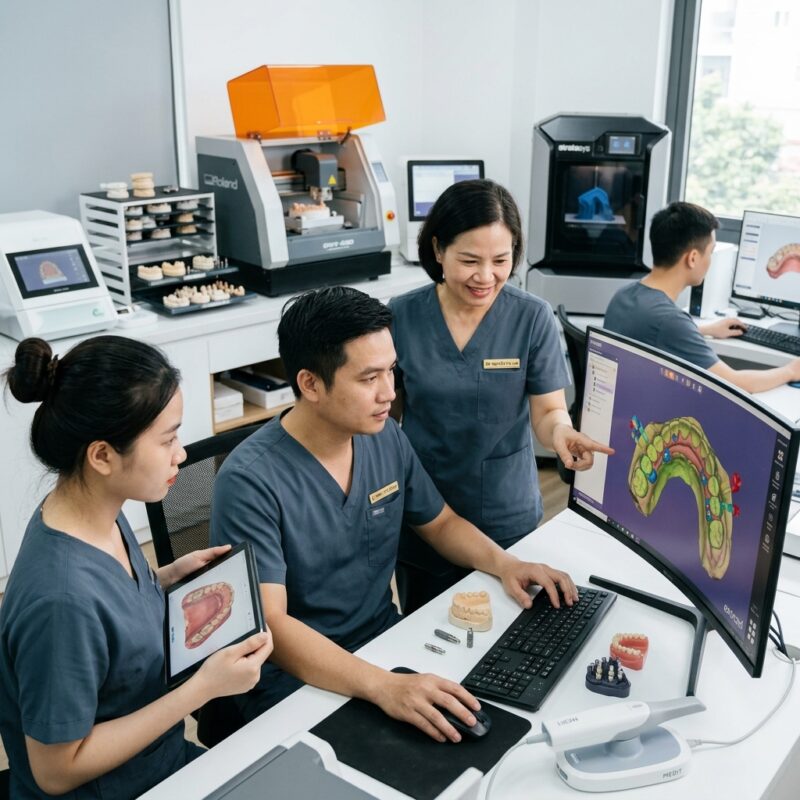 full arch implant prosthetics workflow - Digital design of a full arch implant bridge on a screen