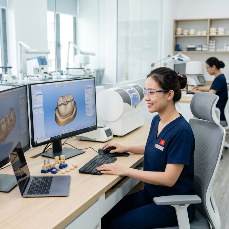 hybrid ceramic dental blocks - Digital dental design workflow on computer screen showing a crown restoration