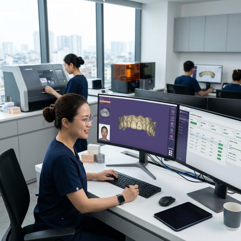 dental pms api integration - Digital dental lab technicians collaborating on CAD/CAM design