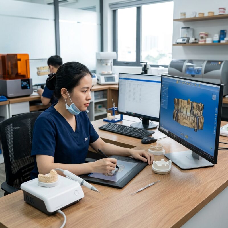 ultrasonic scaler price - Digital dental design technician working on CAD software
