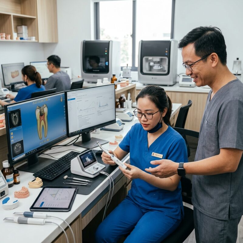 endodontic motor price - Dental lab technician working on a CAD/CAM software interface with a digital model