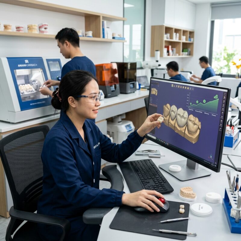 dental practice cash flow management - Dental professional reviewing digital CAD design on a screen