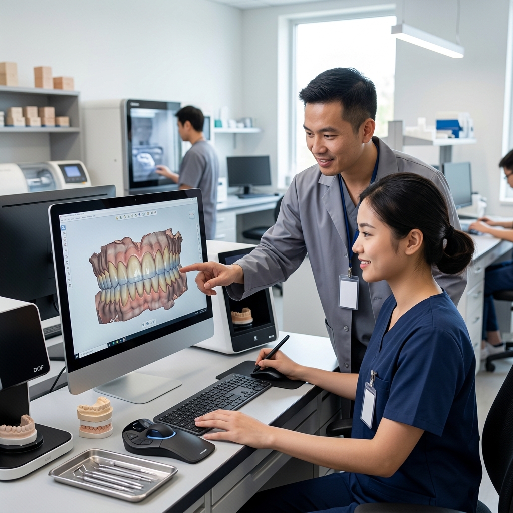 dental waxup design service - Digital dental design workflow showing a CAD model on a screen