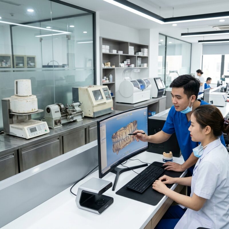 used dental equipment for sale - Dental lab technician working on a digital design on a computer screen