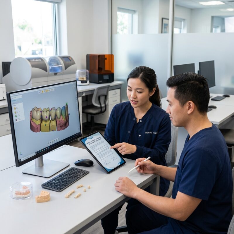 dental lab service agreement template - Dental technician working on a digital dental design on a computer