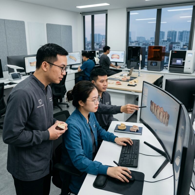 how to choose a dental CAD design outsourcing partner in 2026 - Dental lab technician working on a digital CAD design for a crown on a computer screen