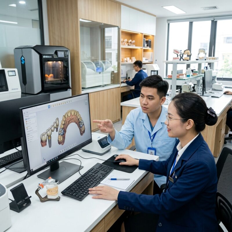 dental lab outsourcing checklist 2026 - Dental lab technician using CAD software to design a crown