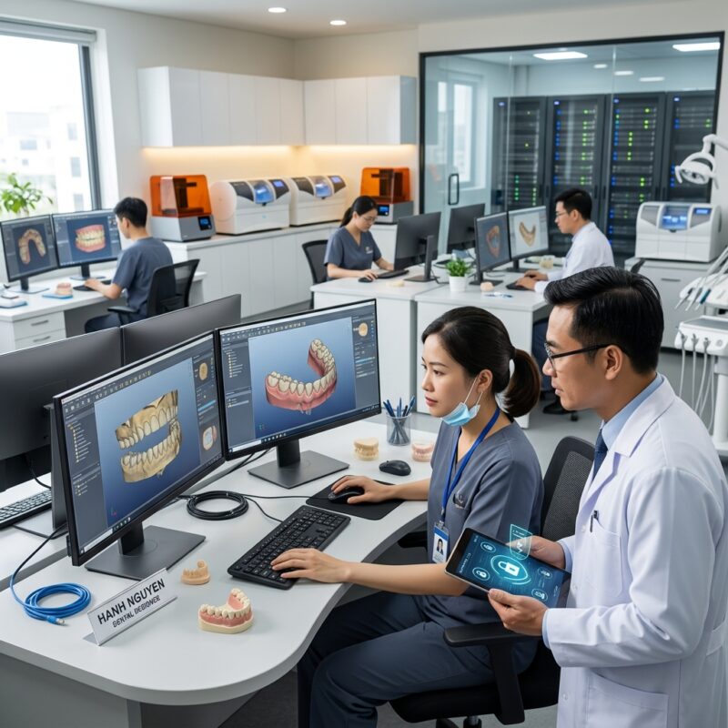 is outsourcing CAD design safe for patient data in 2026 - Digital dental design workflow showing CAD software on a screen with dental models