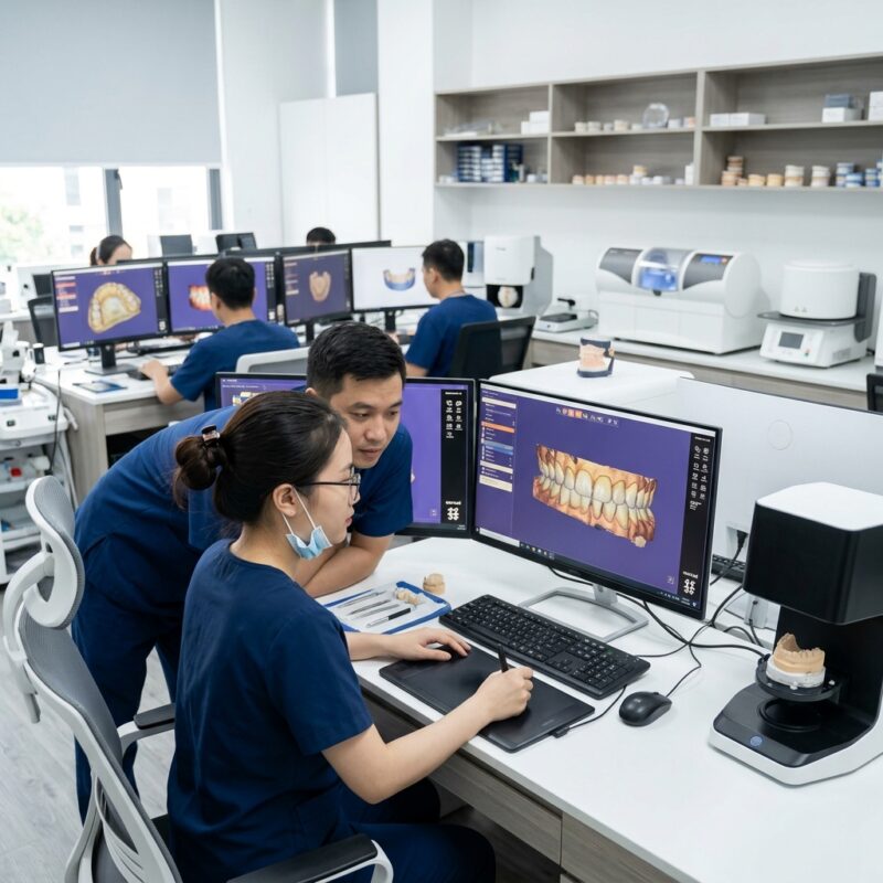 dental design outsourcing turnaround time standards 2026 - Dental technician working on a digital design using CAD software