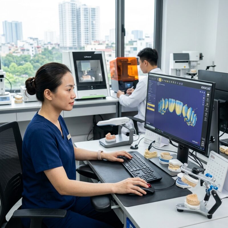 free trial case dental CAD outsourcing 2026 - Dental lab technician working on a digital CAD design using advanced software