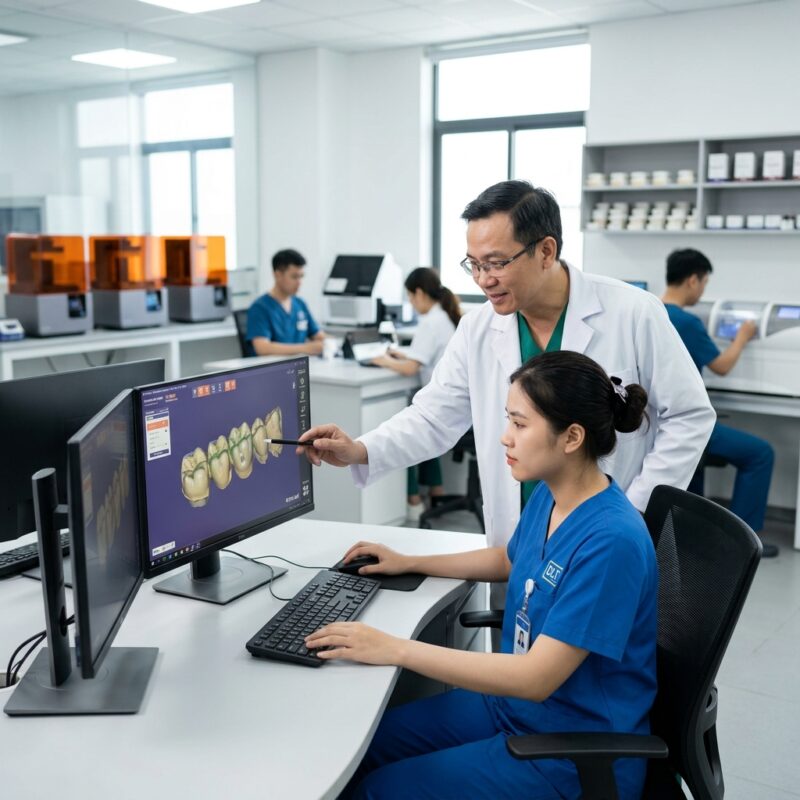 how to hire and retain dental lab technicians in 2026 - Dental lab technician working on a digital design on a computer