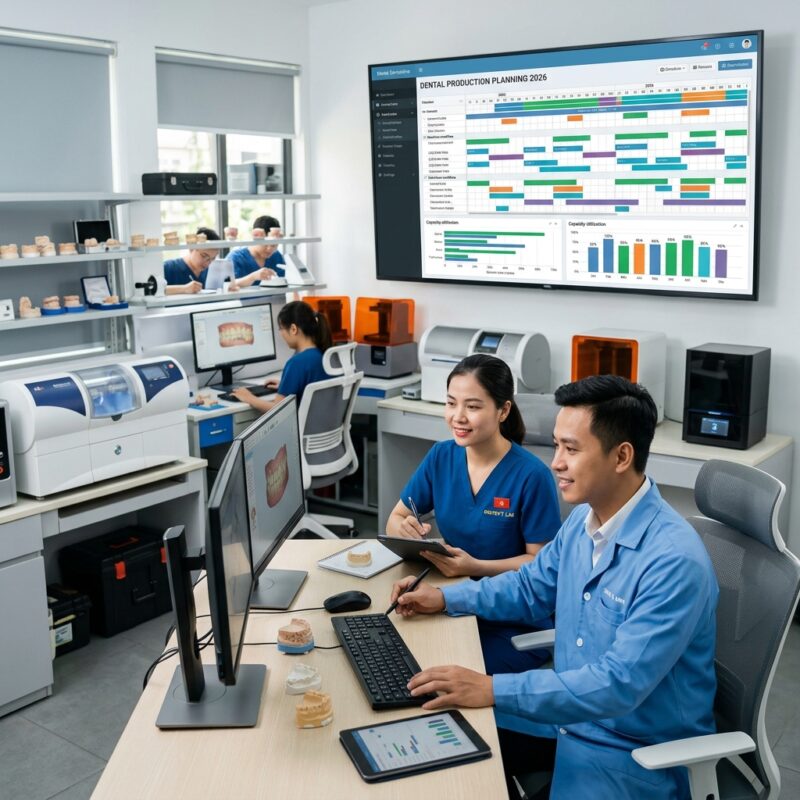 dental lab production scheduling and capacity planning 2026 - Dental lab technician using CAD software for digital design