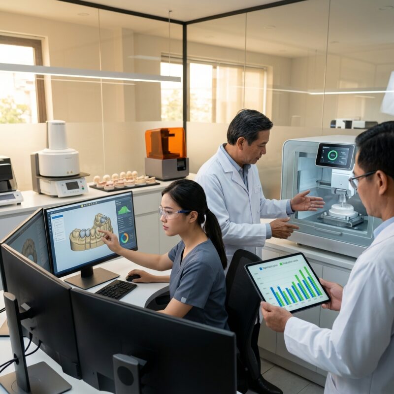 how to price dental lab cases competitively 2026 - Dental lab technician analyzing digital dental design on a computer screen