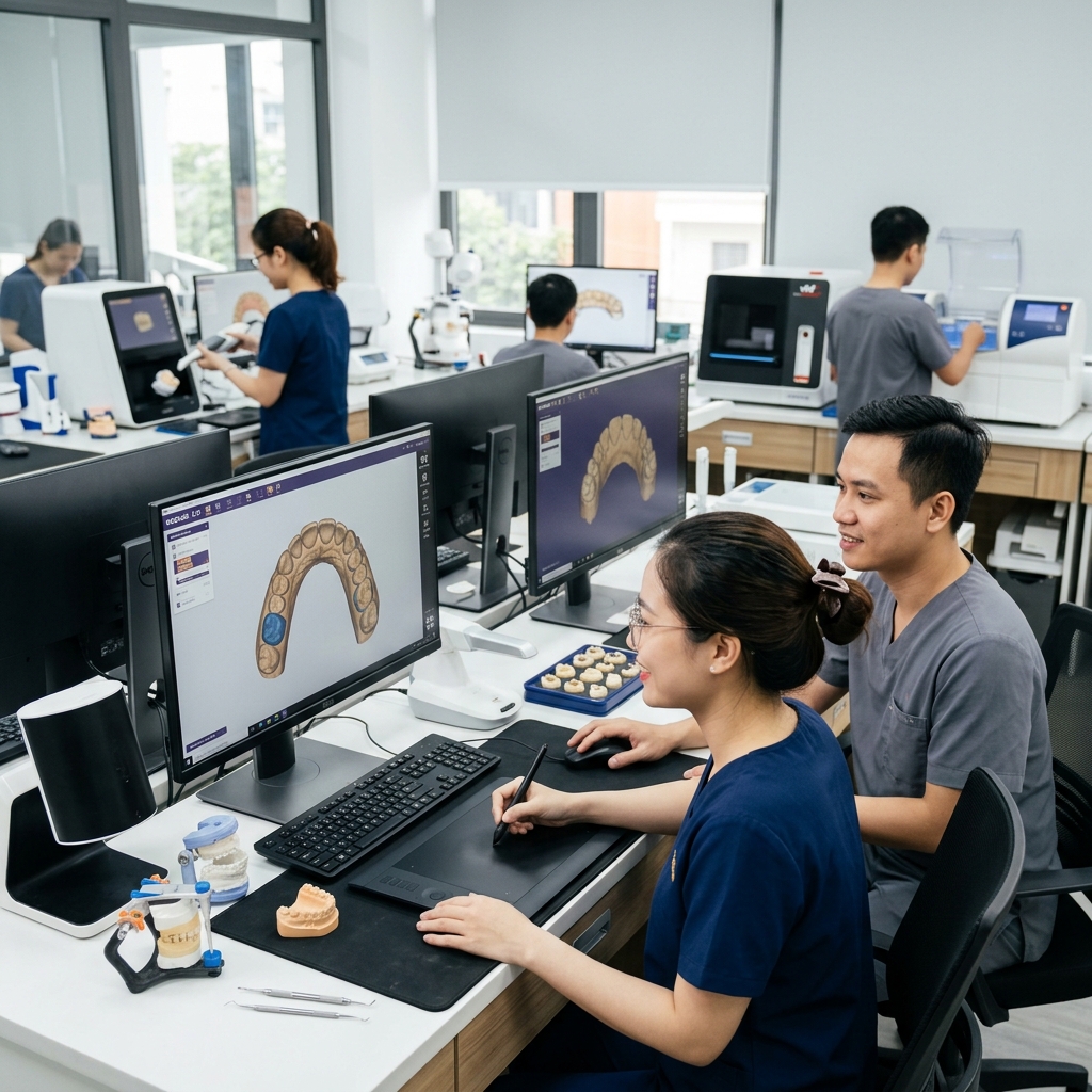 dental technician shortage solution - Dental lab technician working on a digital design using CAD software