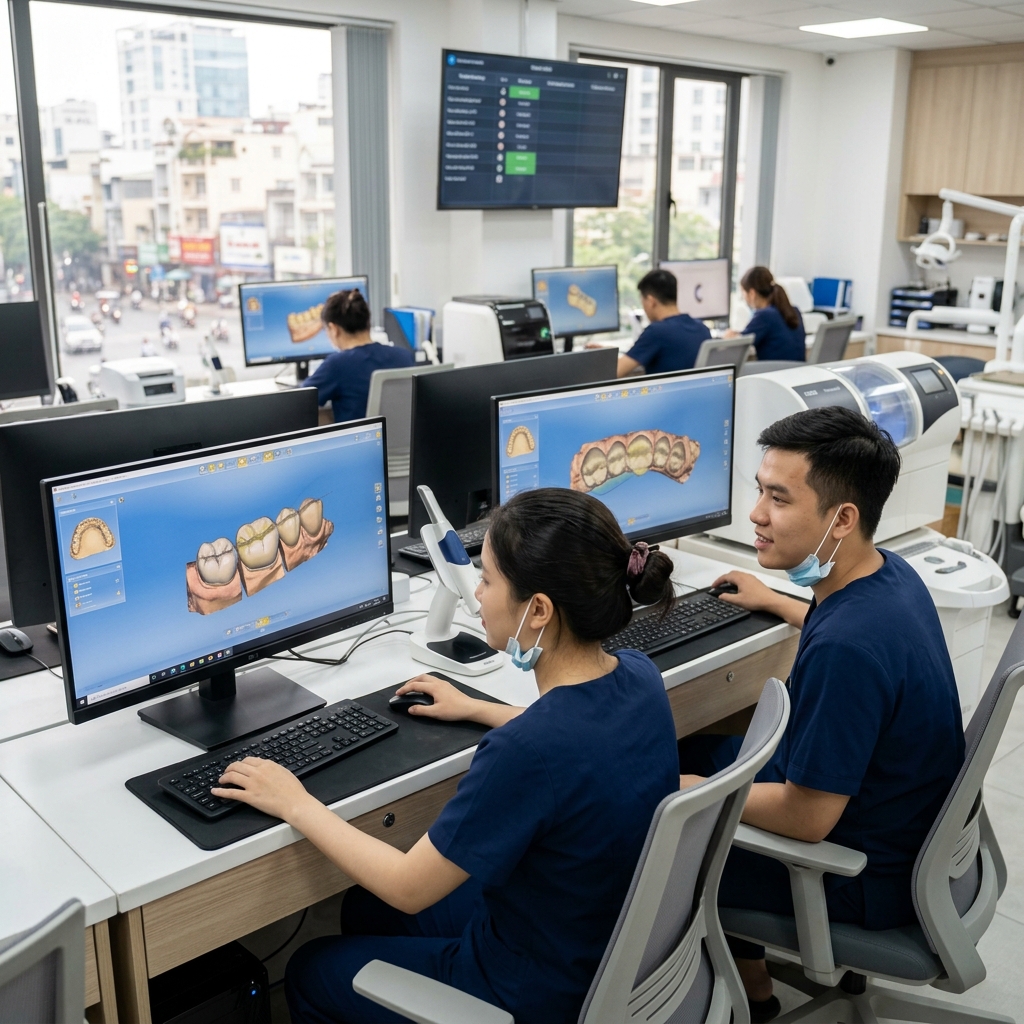 dental lab overflow capacity - Dental lab technician working on a digital design on a CAD software.