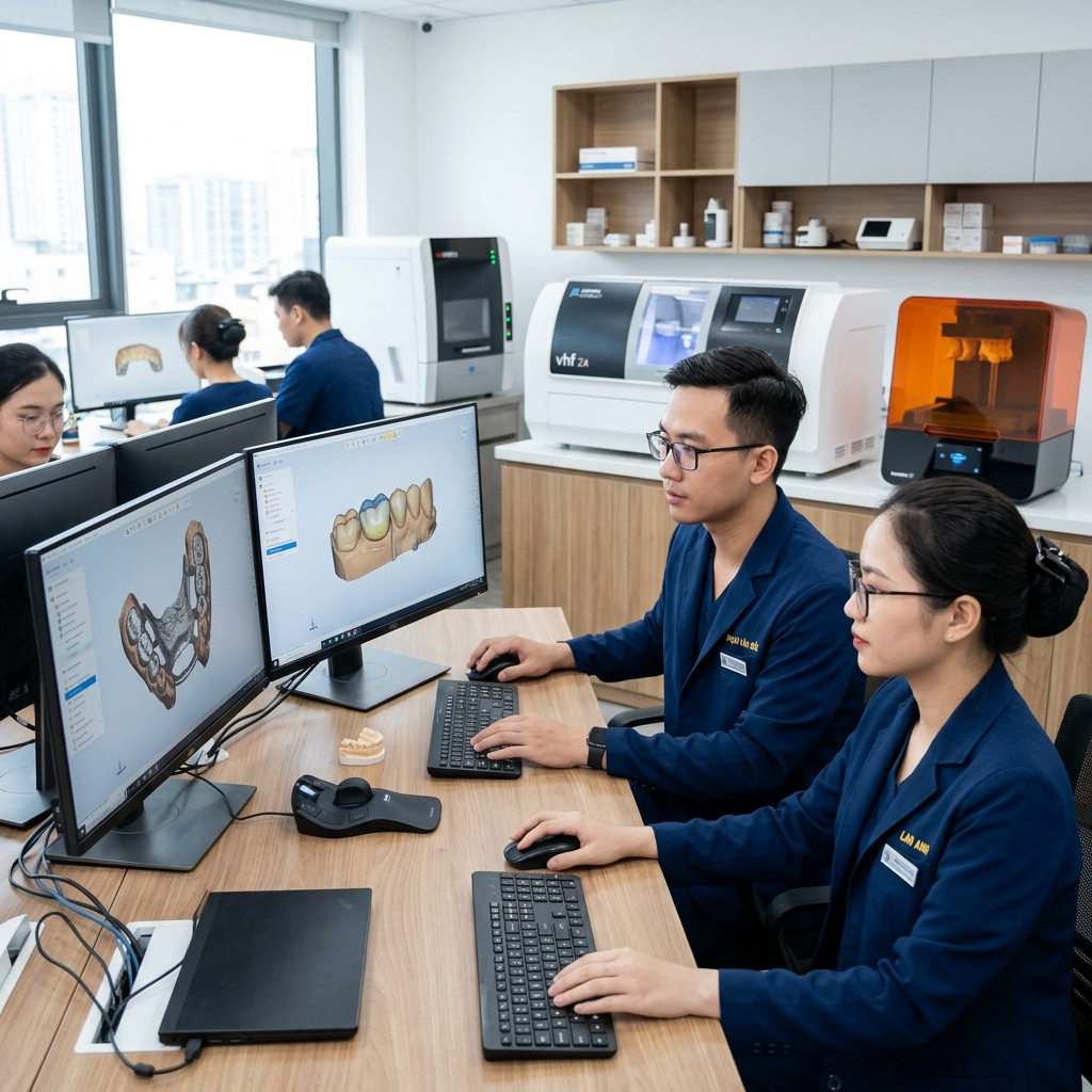 reduce dental lab turnaround time - Dental lab technician working on a digital design using CAD software on a computer