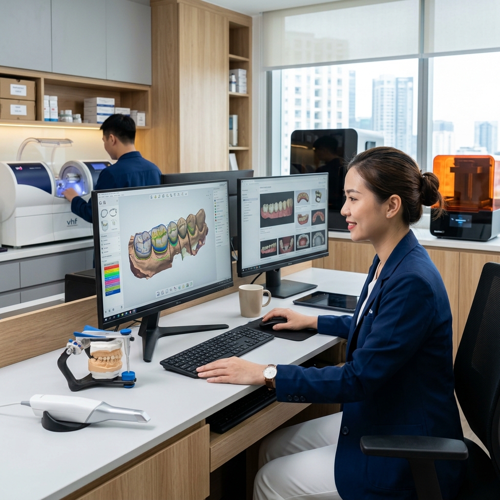 3D dental design service for labs - Digital dental design process on a computer screen