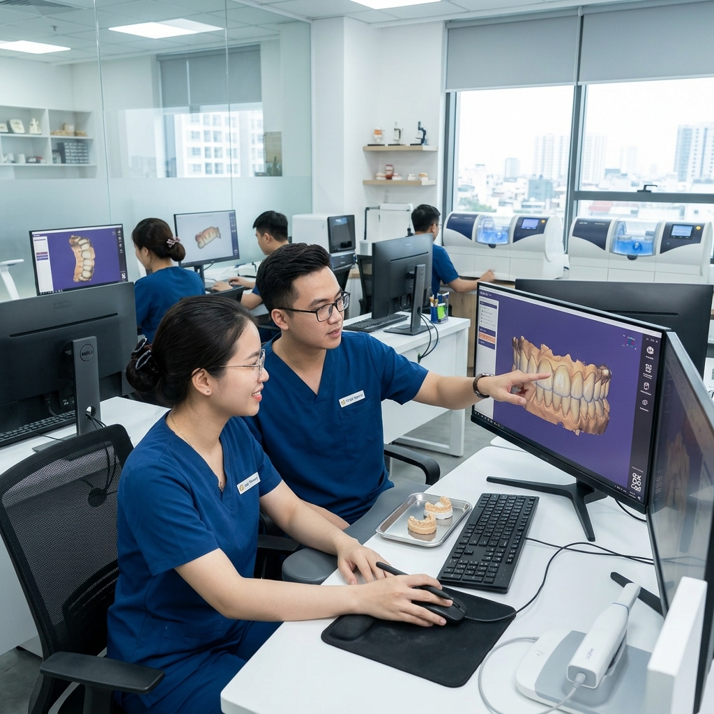 dental CAD CAM outsourcing - Dental technician working on a digital design using CAD software