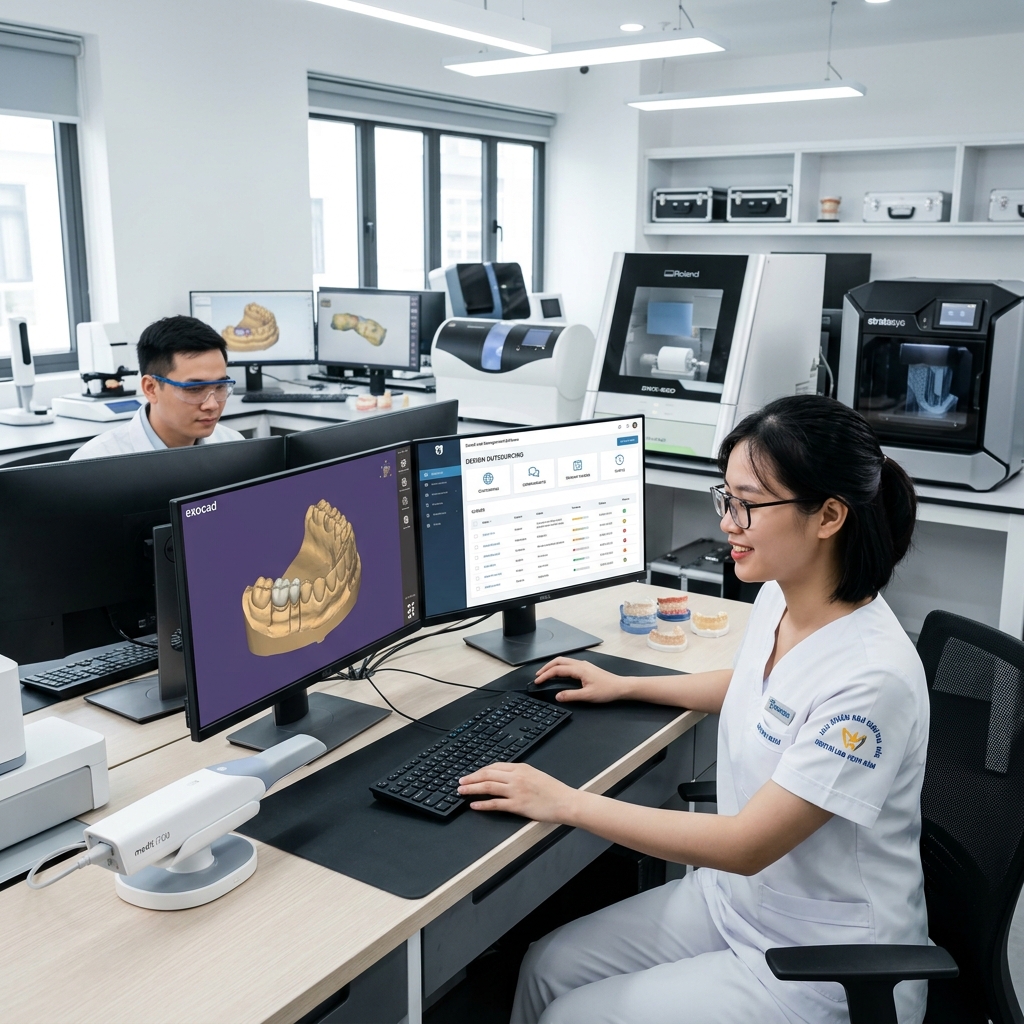 dental lab management software - Dental lab technician working with CAD software on a digital design.