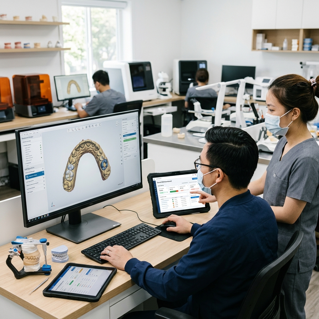 dental crm software - Dental lab technician working on a digital design using CAD software