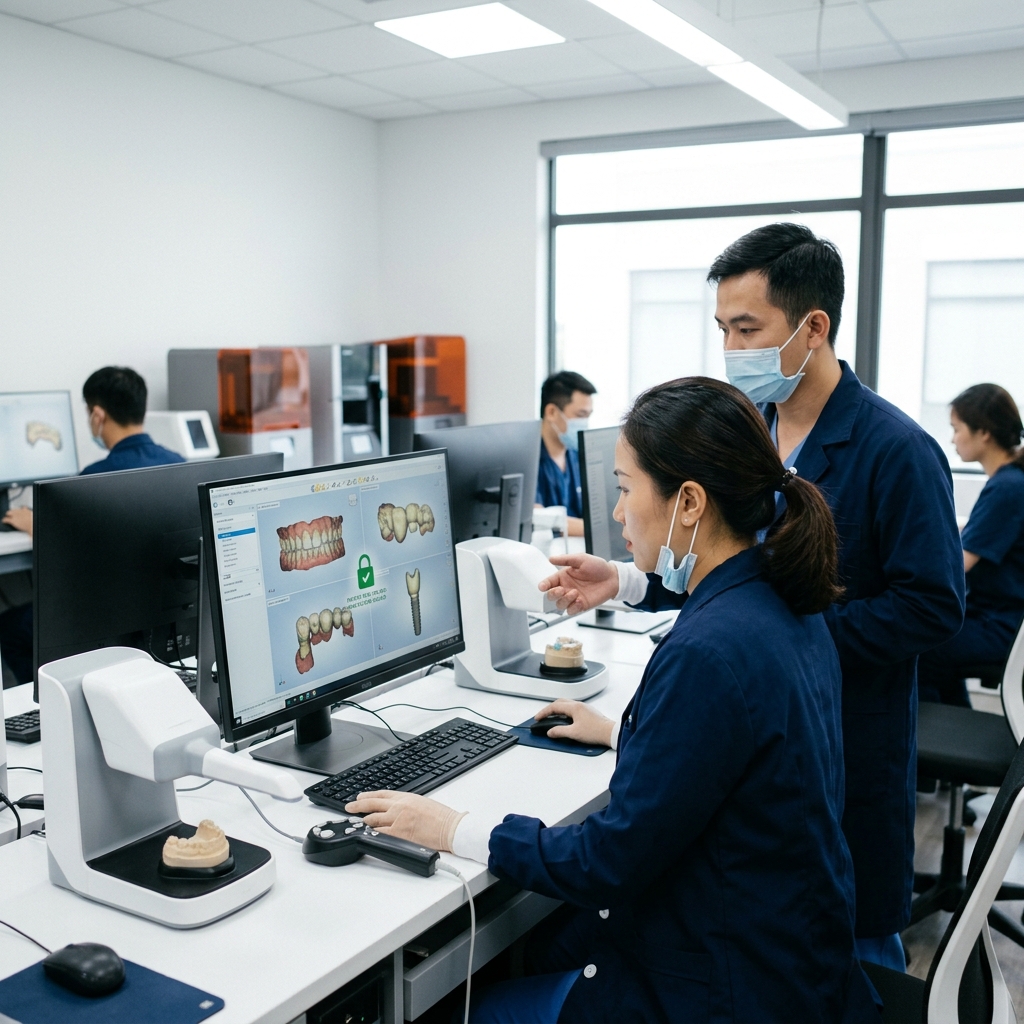 hipaa compliant patient portal - Dentist and lab technician collaborating on digital dental design with secure data transfer