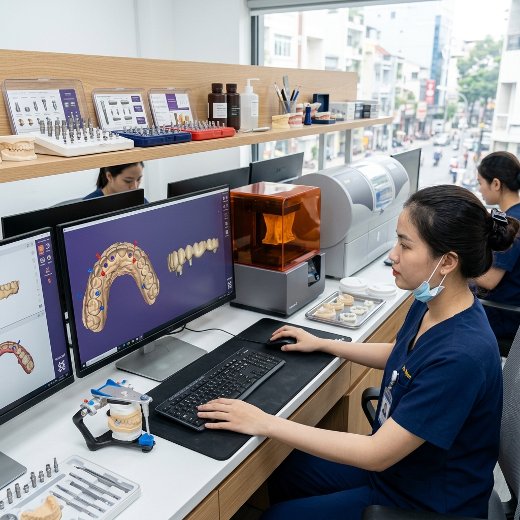 dental implant supplies wholesale - Dental technician using CAD software to design an implant crown