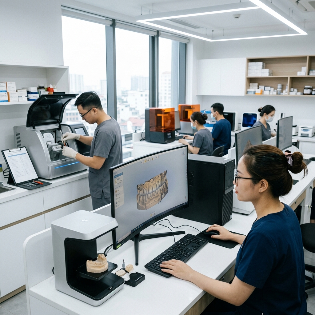 medical equipment maintenance - Dental lab technician working on a digital design on a computer.