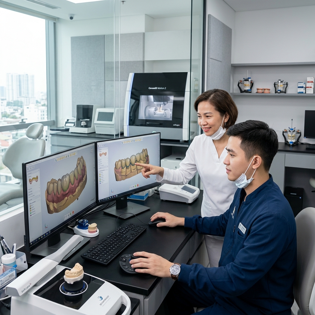 how to open a dental clinic - Dental lab technician working on a digital design using CAD software