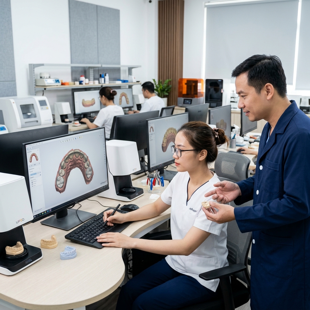 dental practice profit margin - Dental lab technician working on a digital design on a computer screen.