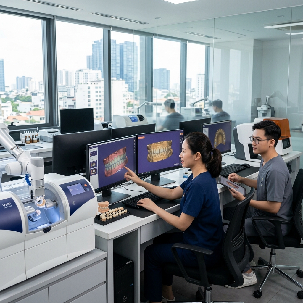dental clinic marketing strategy - Dental professional reviewing a digital design on a monitor