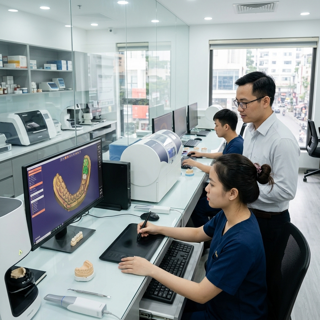 dental seo services - Dental lab technician using CAD software to design a dental crown on a monitor