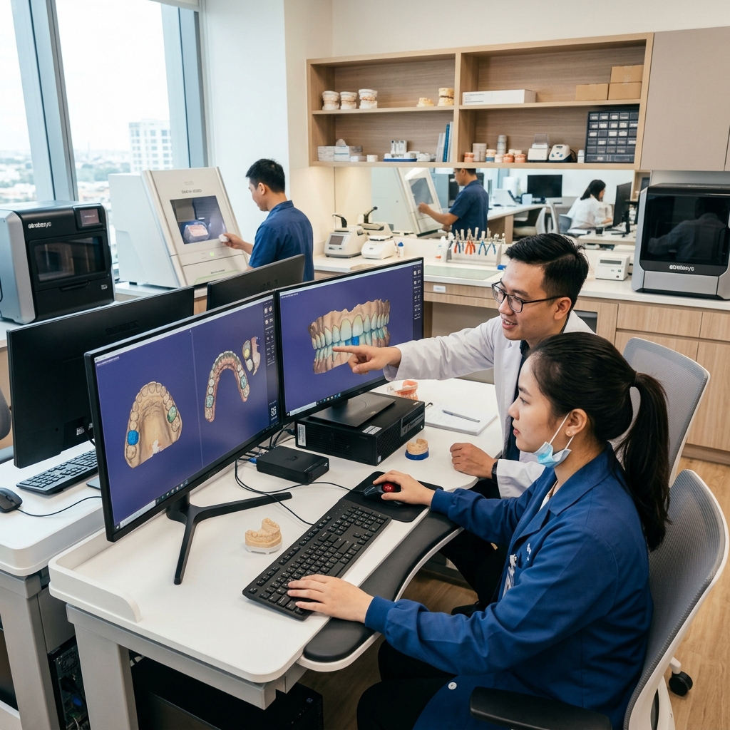 patient lead generation dental - Dental lab technician working on a digital design on a computer screen