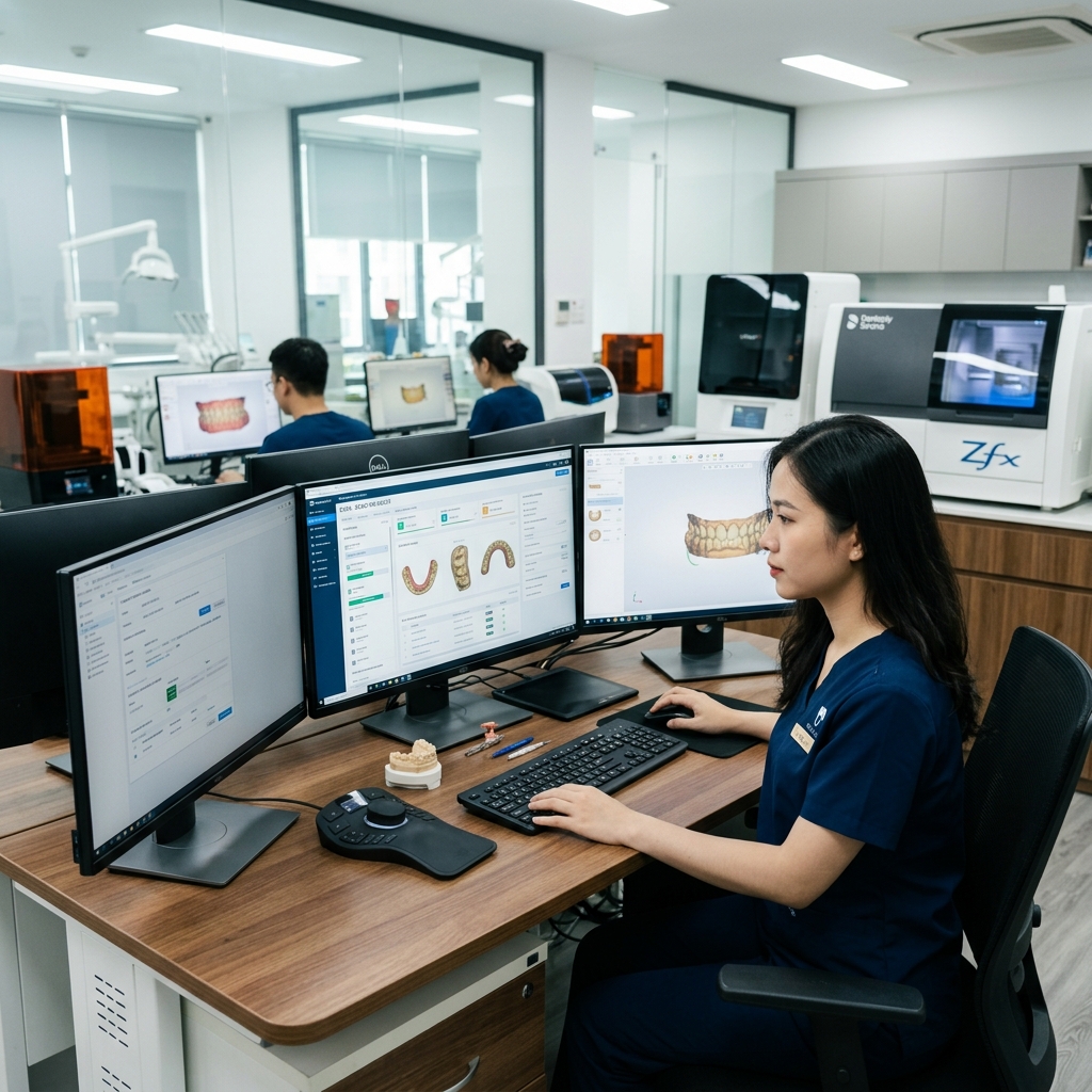 lims software for medical laboratory - Dental technician designing a crown on CAD software
