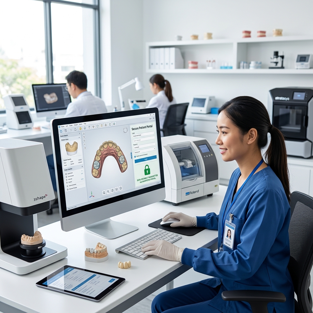 hipaa compliant patient portal - Dental professionals collaborating on digital patient records