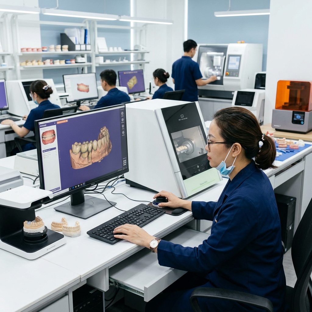 dental ai clinical documentation - Digital dental design workflow with CAD software interface