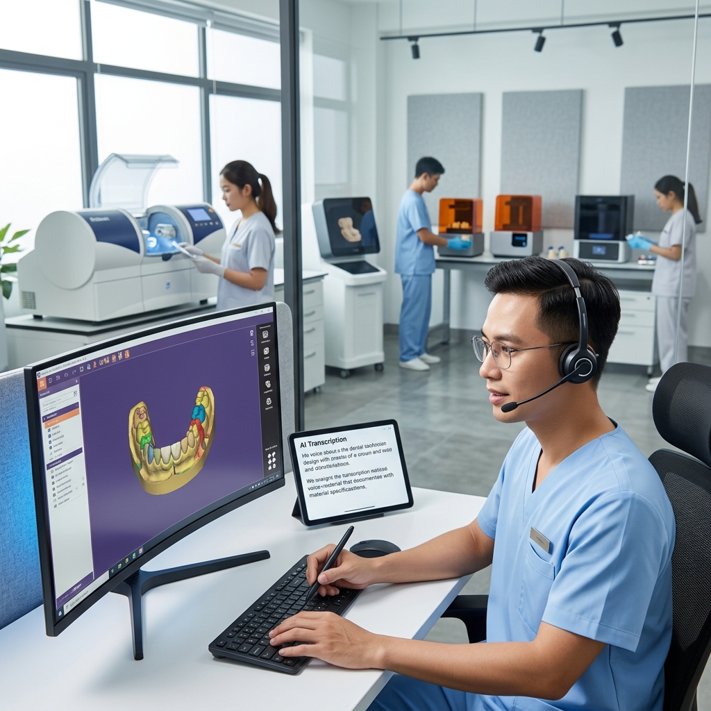 ai scribe for dentists - Digital dental design workflow showing a computer screen with a 3D dental model