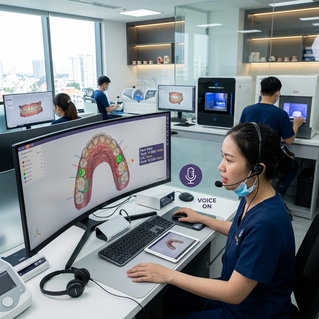 voice activated perio charting - Dentist using a voice-activated charting system during a patient examination