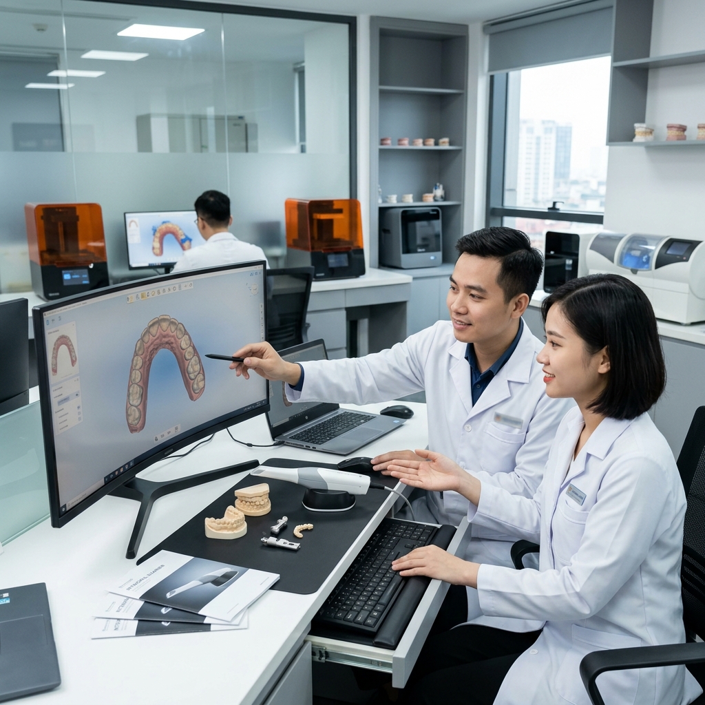 intraoral scanner price 2026 - Dental technician working on a digital design using CAD software