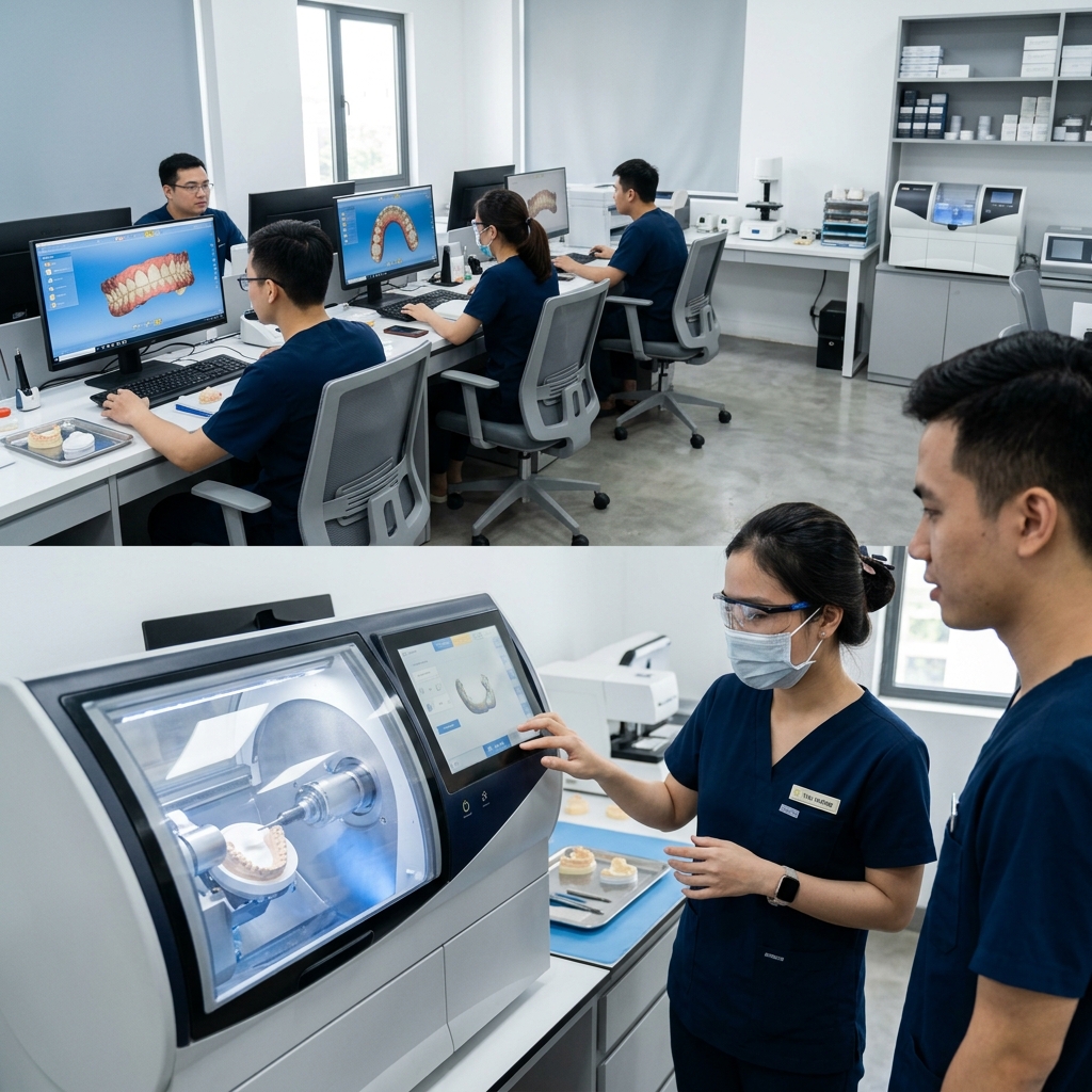 cad cam dental milling machine - Dental lab technician using CAD software to design a crown