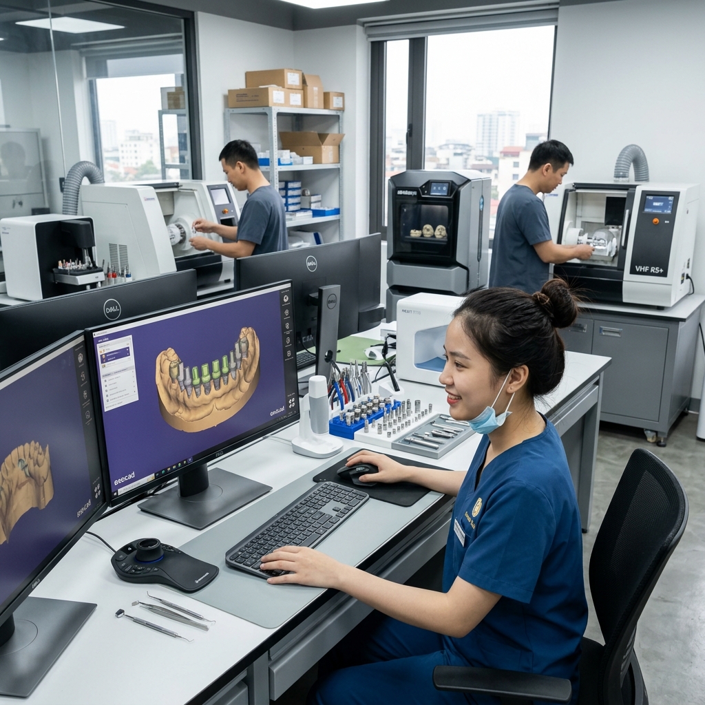 dental implant supplies wholesale - Dental lab technician working on a digital design for an implant crown